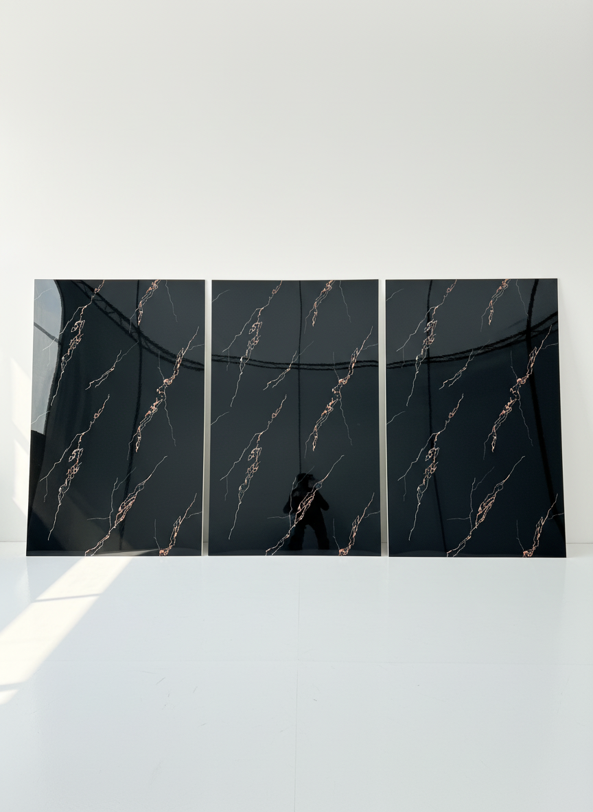 ПВЦ стенен панел 122×244 см – Черен мрамор с медни вени