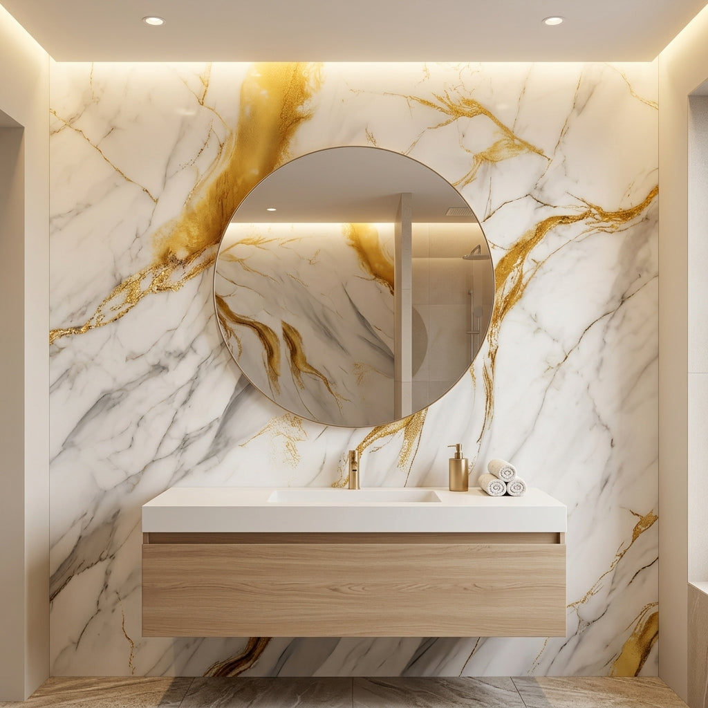 Декоративно самозалепващо фолио – Calacatta Aura Gold, широки златни жили (120×300 см)