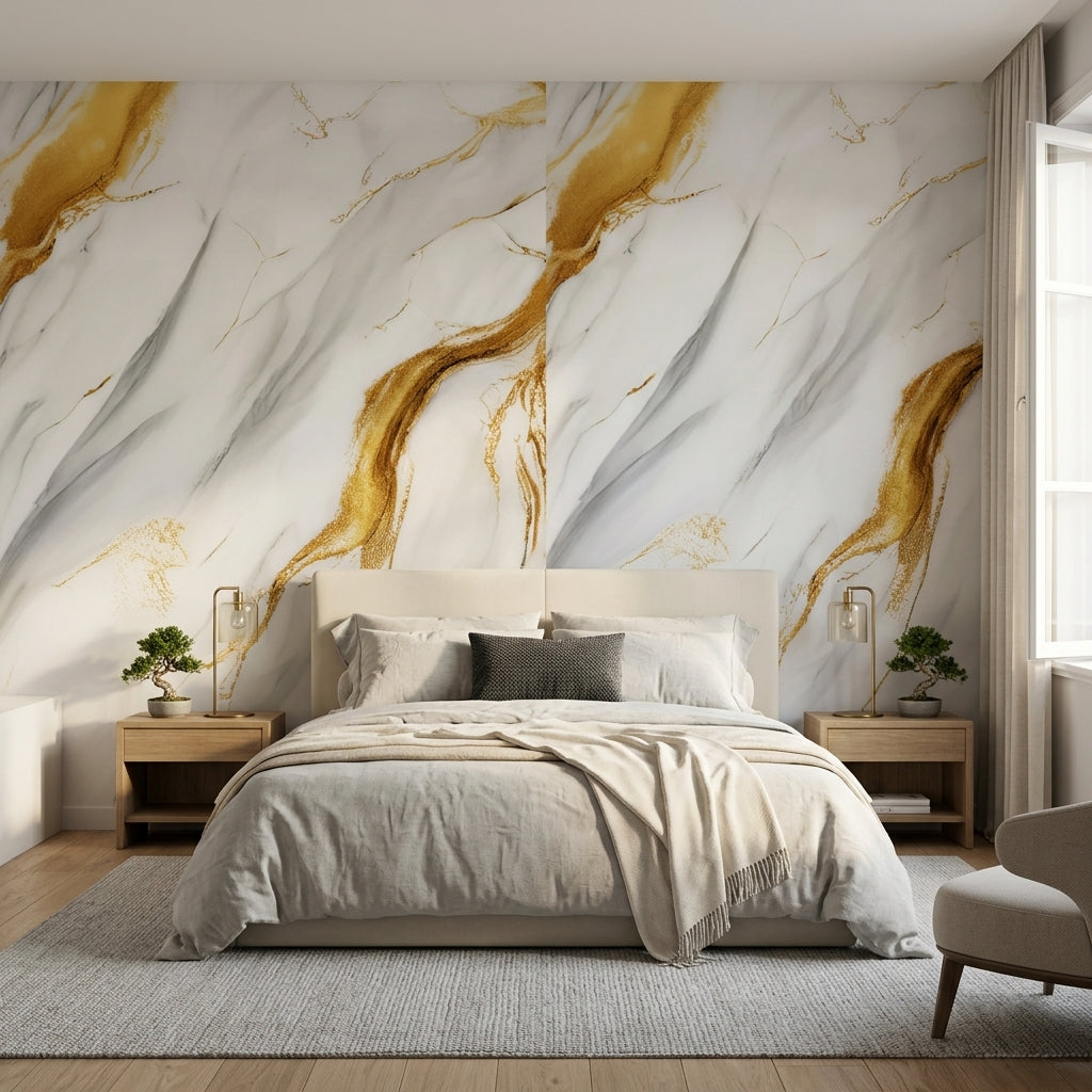 Декоративно самозалепващо фолио – Calacatta Aura Gold, широки златни жили (120×300 см)