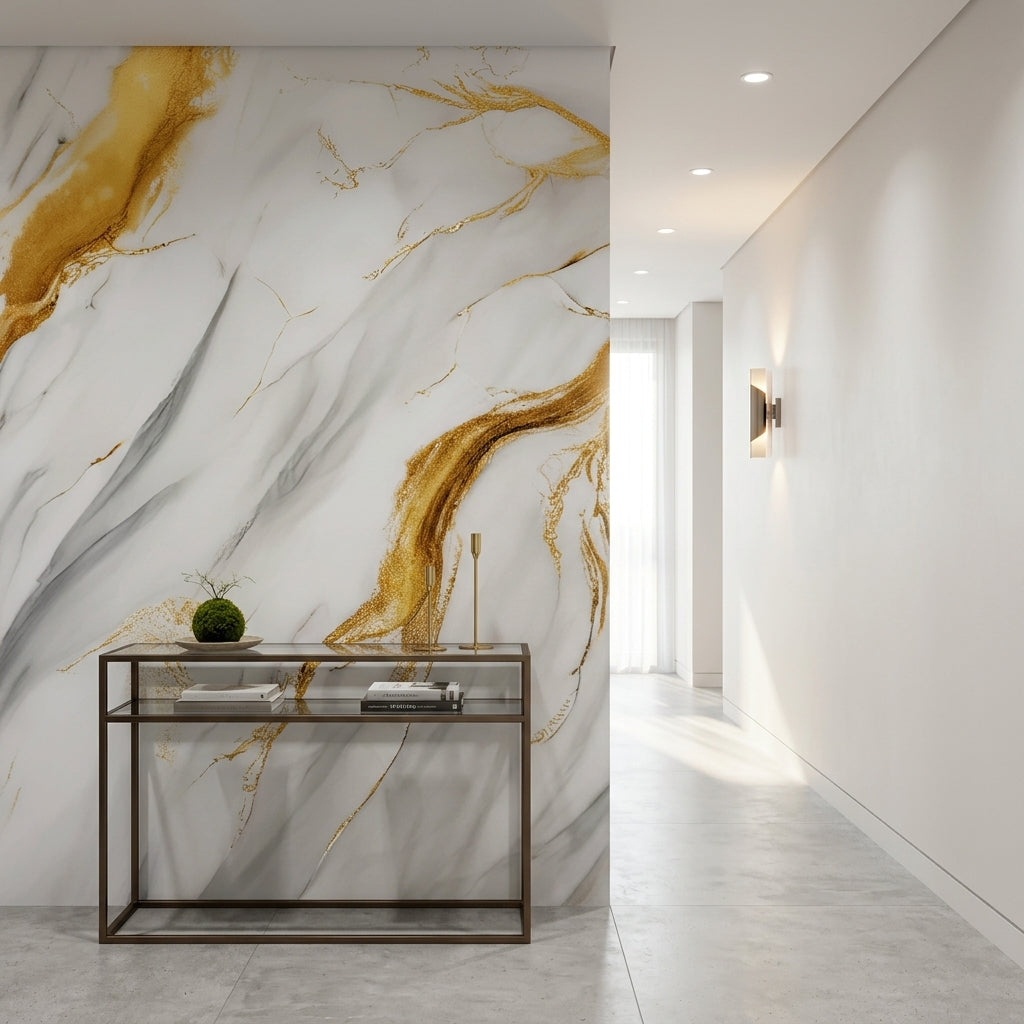 Декоративно самозалепващо фолио – Calacatta Aura Gold, широки златни жили (120×300 см)