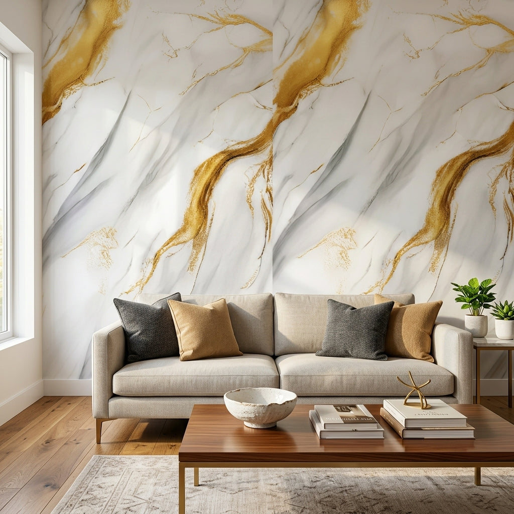 Декоративно самозалепващо фолио – Calacatta Aura Gold, широки златни жили (120×300 см)