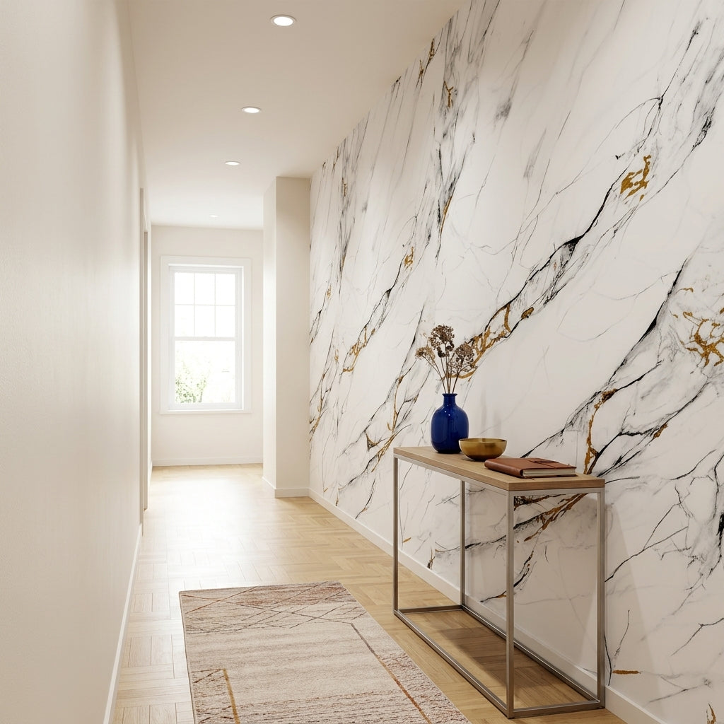 Декоративно самозалепващо фолио – Calacatta Gold, деликатни златни вени (120×300 см)