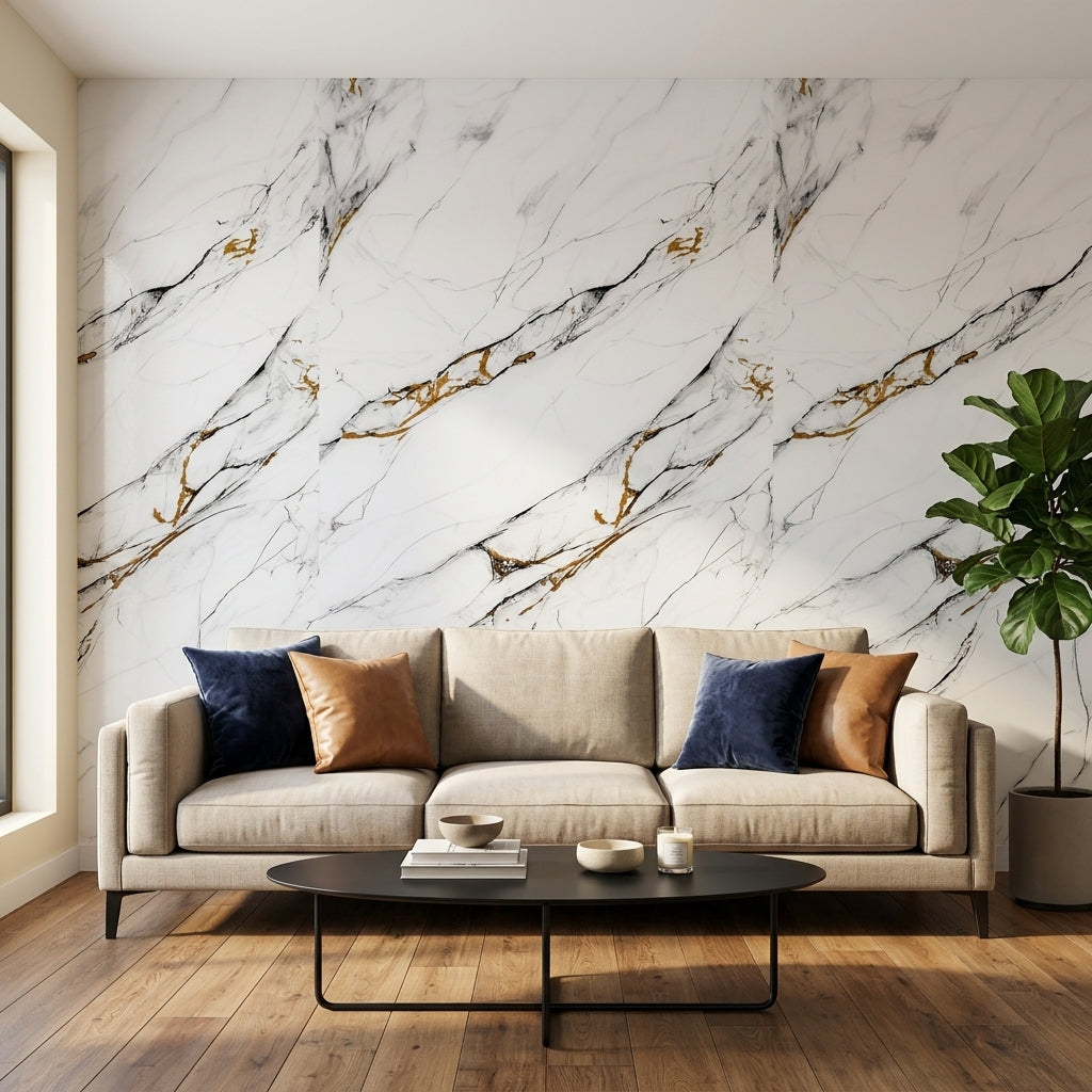 Декоративно самозалепващо фолио – Calacatta Gold, деликатни златни вени (120×300 см)