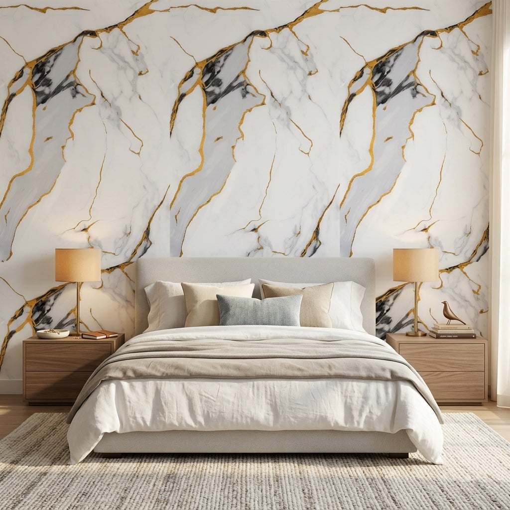 Декоративно самозалепващо фолио – Бял мрамор с драматични златни жили „Imperial Gold“ (120×300 см)