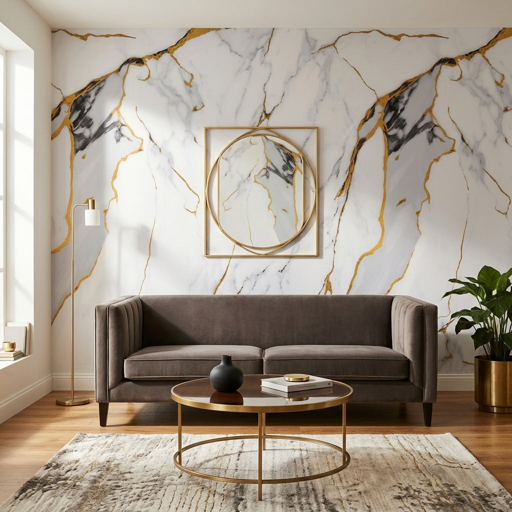Декоративно самозалепващо фолио – Бял мрамор с драматични златни жили „Imperial Gold“ (120×300 см)