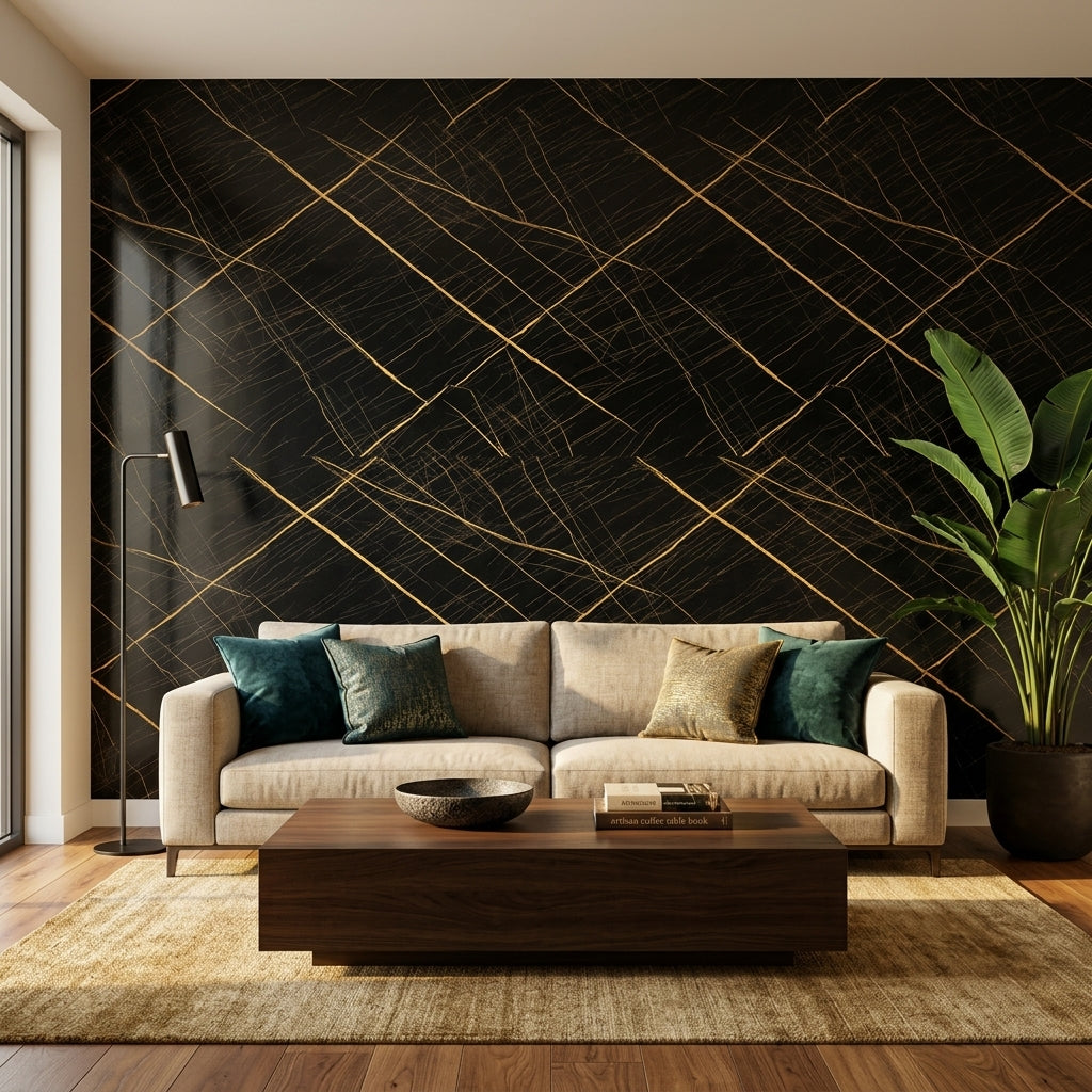 Декоративно самозалепващо фолио – Черна геометрия със златни линии „Gold Grid“ (120×300 см)