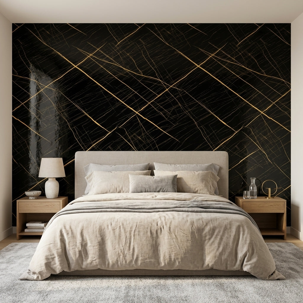 Декоративно самозалепващо фолио – Черна геометрия със златни линии „Gold Grid“ (120×300 см)
