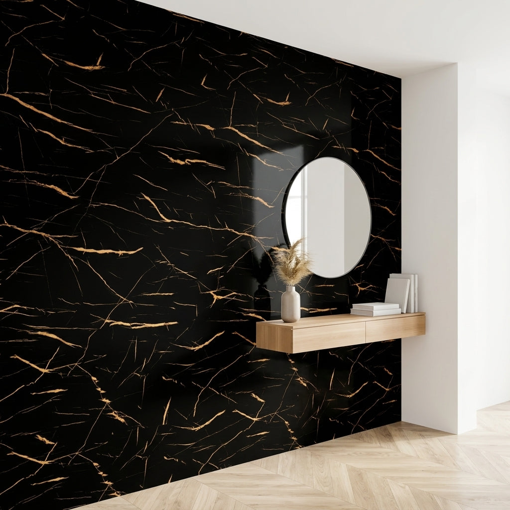 Декоративно самозалепващо фолио – Черен мрамор с златни жилки „Nero Gold“ (120×300 см)