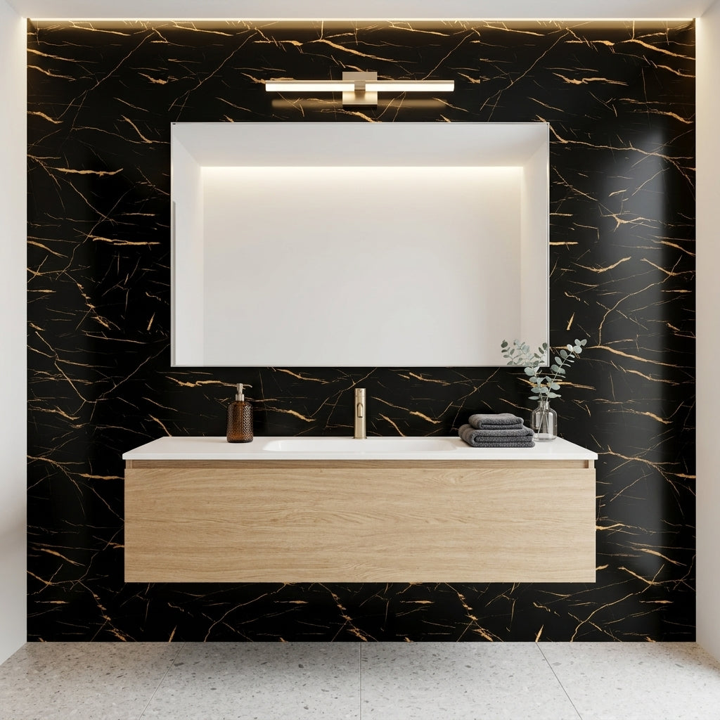 Декоративно самозалепващо фолио – Черен мрамор с златни жилки „Nero Gold“ (120×300 см)